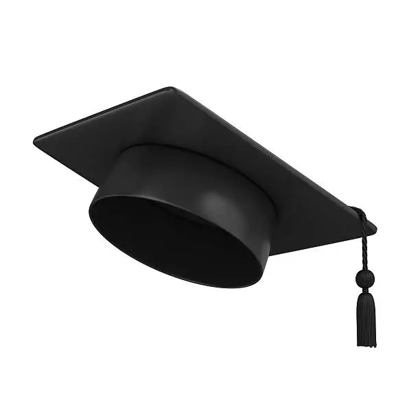 Photo of A black graduation cap on a white background