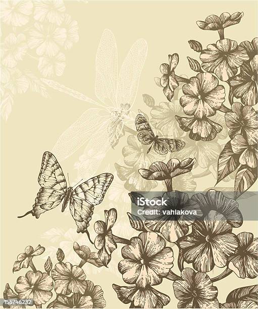 Ilustración de Fondo Con Flores Y Mariposas Volando De Flor Abriéndose Phlox De La Mano Con El Dibujo Vector y más Vectores Libres de Derechos de Mariposa - Lepidópteros