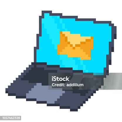 istock Pixel art laptop with email notification icon on the screen. Isometric PC retro video game graphic. Vector illustration. 1557462328