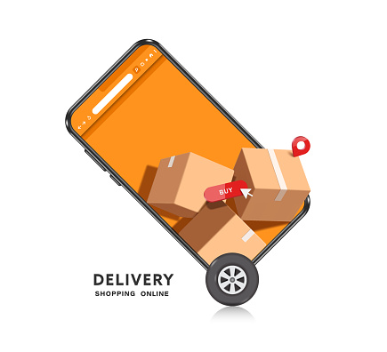 Parcel boxes or cardboard boxes superimposed over a wheeled smartphone screen, resembling a shopping cart or delivery vehicle, vector 3d isolated for online shopping, e commerce, delivery concept