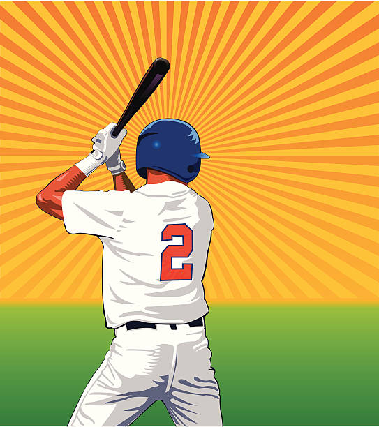 Batter Baseball batter with bat over a field with sunburst. baseball homerun stock illustrations