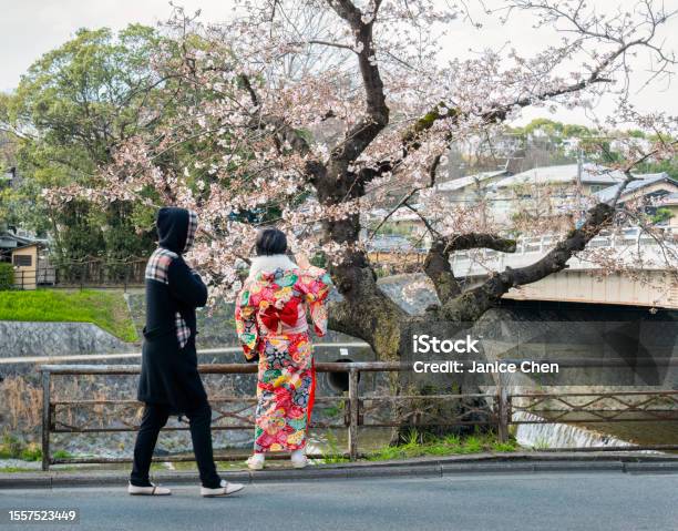 Mujer Joven Vestida Con El Estilo Tradicional Del Kimono Japonés Tomando Fotos Usando Un Teléfono Inteligente Caminando A Lo Largo Del Río Kamo En La Prefectura De Kioto Japón Foto de stock y más banco de imágenes de Adulto