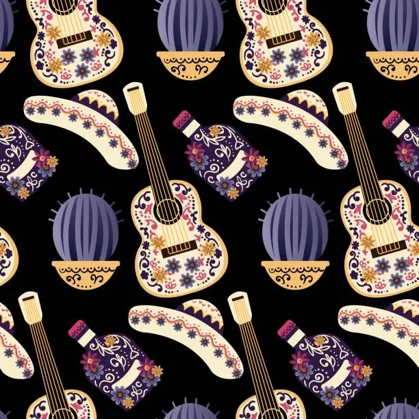 Vector illustration of Day of the Dead seamless background. Guitar, skull and cactus. Vector illustration. Good for textile, fabric, wrapping paper