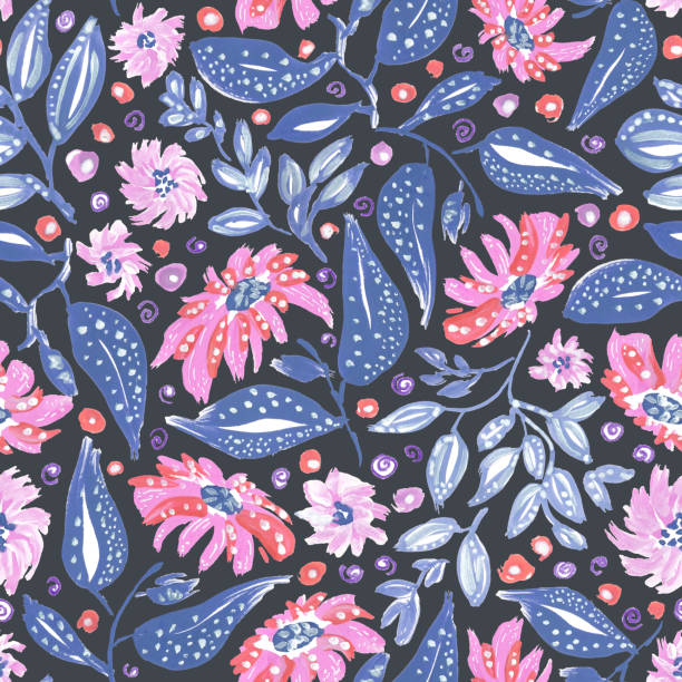 ilustrações de stock, clip art, desenhos animados e ícones de gouache floral in pink, red, blue and gray. seamless pattern. - book magic picture book illustration and painting