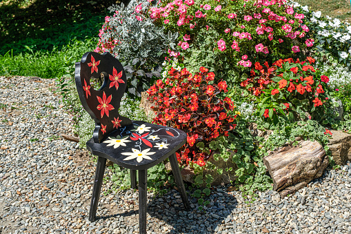 a painted chair near the garden with flowers, close view