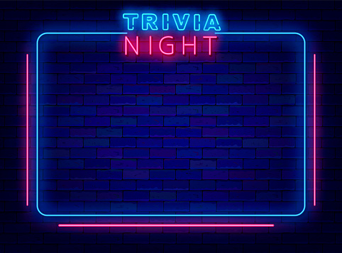 Trivia night neon banner. Blue striped frame. Quiz competition. Game event. Night club shiny advertising. Simple announcement. Glowing flyer. Copy space. Vector stock illustration