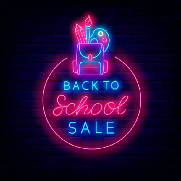 Vector illustration of Back to school sale neon label. Backpack with stationery. Market promotion template. Vector stock illustration