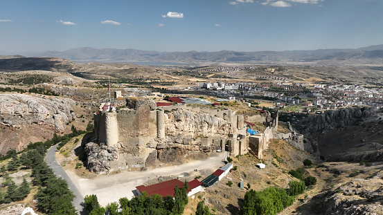 Harput Castle was built during the Urartian period. The castle is located in the Harput district of Elazig. A photograph of the castle taken with a drone.