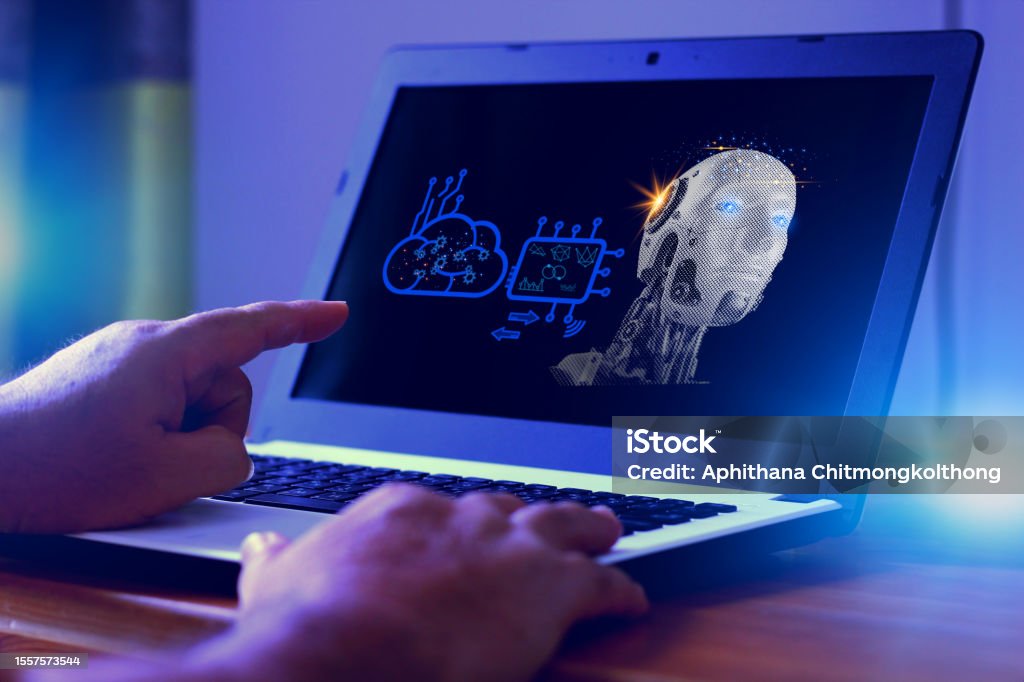 Person Using Algorithm Human Using Laptop Designed Algorithm For Android To Assign Work ...