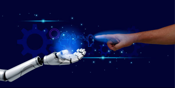 istock human pointing index finger to AI icon on robotic render hand isolate on blue , business technology concept 1557574024