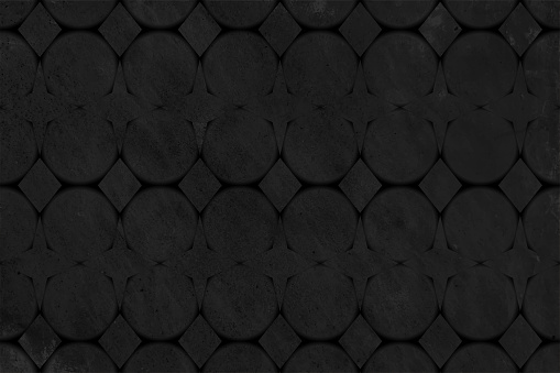 Blank empty, horizontal vector illustration of a black color grunge backgrounds with abstract shape three dimensional blocks repeating to make an all over pattern like a pavement or cobbled stone road. There is no text, no people and copy space.