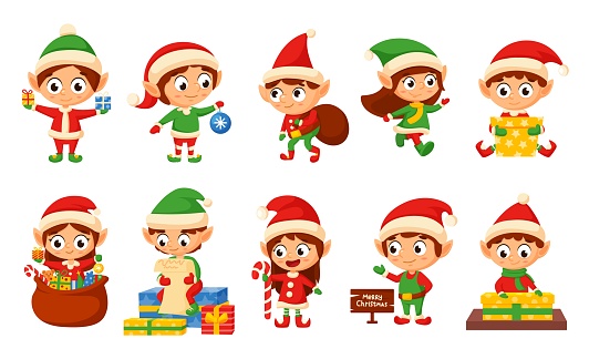 Christmas elf, santas helpers elves characters. Magic cute kids with gifts, xmas creatures for holiday workshop. New year nowaday vector clipart holiday elf, christmas cartoon illustration helper