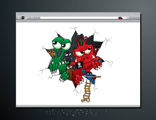 Virus Attack on your Internet browser A gang of ugly computer viruses, worms and trojan horses breaks into an internet browser page thief criminal burglar tiptoe stock illustrations