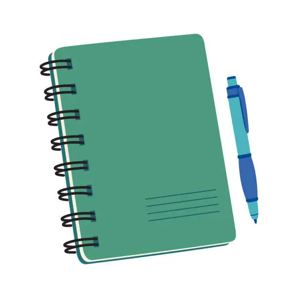 Vector illustration of Green notebook and pen, top view.