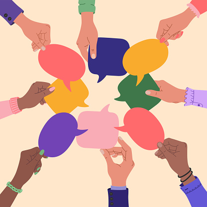 Diverse human hands holding speech bubbles. People talking, exchange ideas. Team cooperation and communication. Hand drawn vector illustration isolated on light background, flat cartoon style.