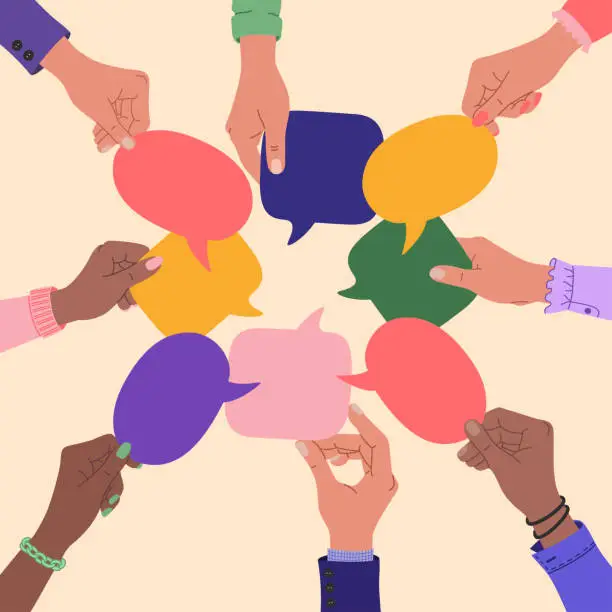 Vector illustration of Diverse human hands holding speech bubbles. People talking, exchange ideas. Team cooperation and communication.