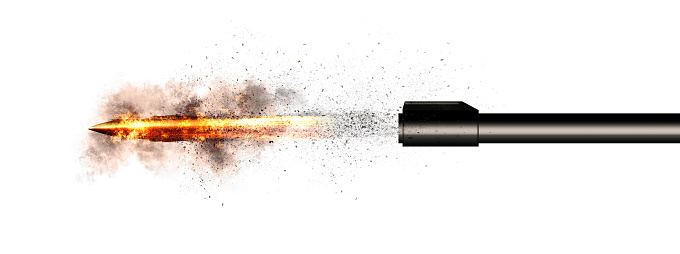 3d illustration of flaming bullet fired from muzzle in violence concept