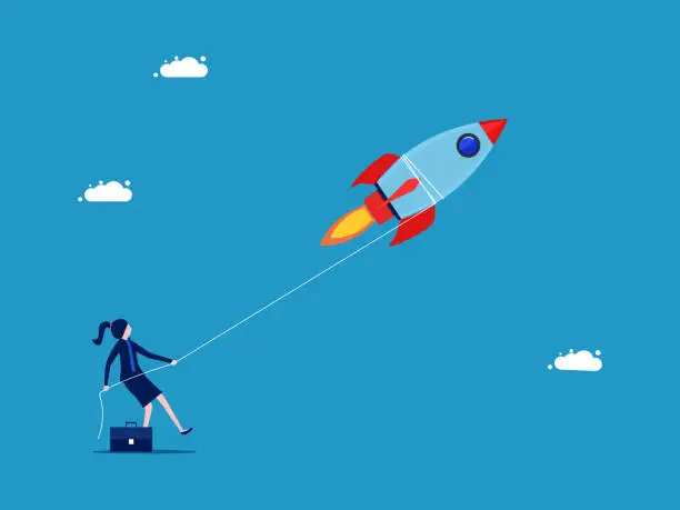 Vector illustration of hinder business progress. Businesswoman using a rope to keep the rocket from going vector