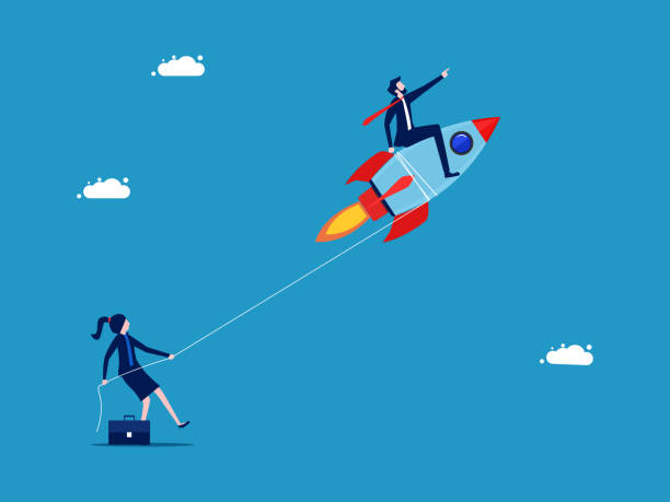 istock hinder the growth of competitors. Businesswoman using a rope to prevent the rocket from going 1557651959
