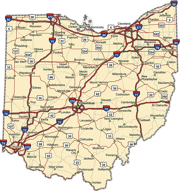 Ohio Highway Map (vector) Highway map of the state of Ohio with Interstates and US Routes.  It also has lines for state and county routes (but not labeled) and many cities on it as well.  All cities are the County Seats and the Capitol (and some others).  ohio stock illustrations