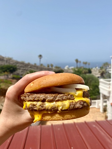 Delicioso cuarto de libra doble sin gluten con queso de McDonald's de vacaciones en Costa Adeje, Tenerife, España - Cielo azul, mar y palmeras en el fondo photo