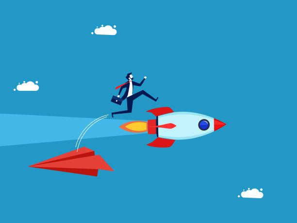 istock Change a new business that is better than before. Businessman jumping from paper plane to rocket 1557658576