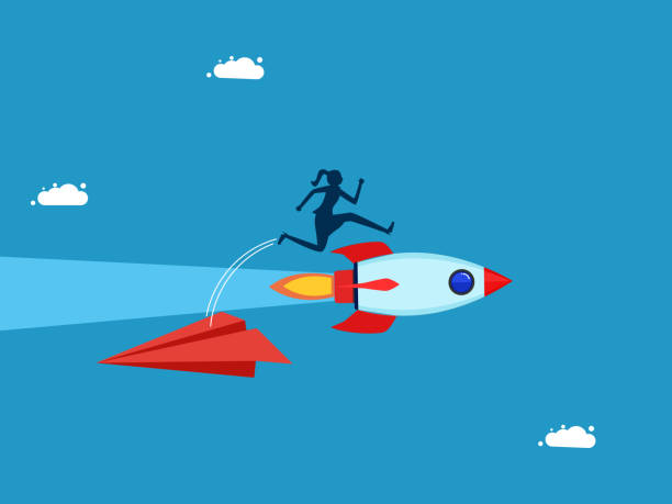 istock Change a new career path. Businesswoman jumping from paper plane to rocket 1557658809