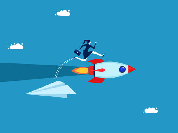 istock Innovative change. Businesswoman jumping from paper plane to rocket 1557659652