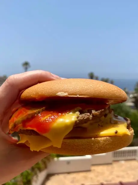 Indulge in a delectable culinary escape with this enticing stock image. The photograph captures the mouthwatering delight of a gluten-free triple cheeseburger from McDonald’s, served with a sin gluten bun, layers of ketchup, gherkin pickle, and cheese slices. Enjoyed against the backdrop of the picturesque Costa Adeje in Tenerife, Canary Islands, Spain, the scene is adorned with a vibrant blue sky and swaying palm trees. This image beautifully captures the fusion of gourmet taste and vacation vibes, inviting viewers to savor the harmonious blend of flavors while basking in the serenity of a coastal paradise. Ideal for illustrating travel, gastronomy, and the pleasures of culinary exploration in a stunning holiday setting.