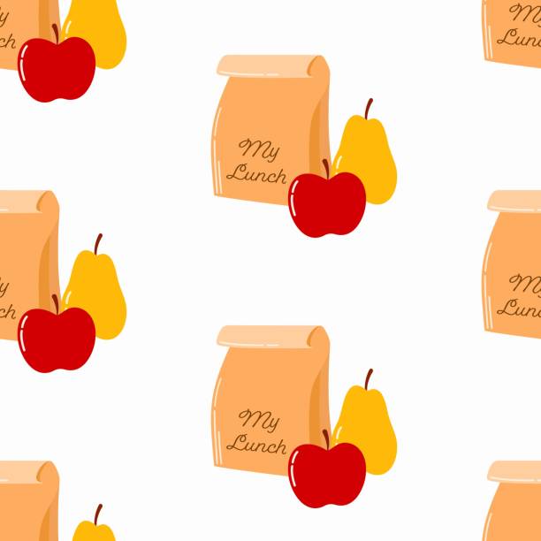 бесшовный узор нарисованного от руки школьного ланч-бокса с яблоком и грушей на изолированном фоне. - box lunch education retro revival stock illustrations