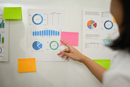 Female economist analyzing sales statistics document, discussing information on whiteboard with her colleague.