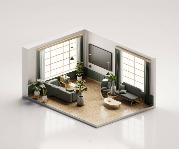 istock Isometric view living room muji style open inside interior architecture 3d rendering digital art 1557665087
