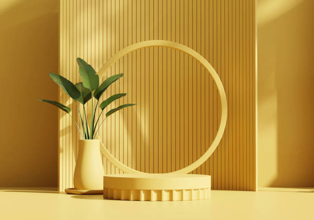 istock Abstract Yellow Minimal Modern Podium Platform Pedestal For Product Display Showcase Presentation Advertising With Plant 3D Rendering 1557665098