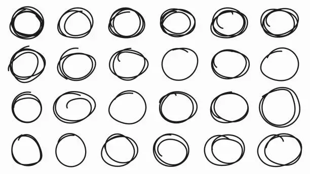 Vector illustration of Hand drawn circle or oval line sketch set. Hand drawing circular scribble doodle round circles. Vector illustration for message note mark design element on an isolated white background.