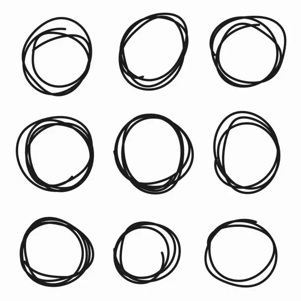 Vector illustration of Hand drawn circle or oval line sketch set. Hand drawing circular scribble doodle round circles. Vector illustration for message note mark design element on an isolated white background.