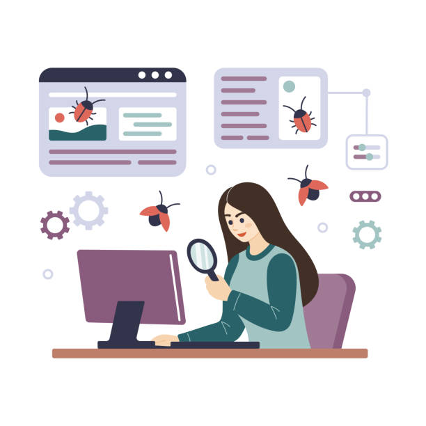 Programmer tester female character cartoon illustration. Girl programmer tester at computer, finding program bugs. Programmer tester female character cartoon illustration. Woman Software tester at computer, finding program bugs. QA, testing, debugging concept. Flat vector illustration isolated on white debug stock illustrations