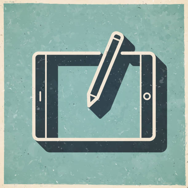 Tablet PC with pen - Horizontal position. Icon in retro vintage style - Old textured paper Icon of "Tablet PC with pen - Horizontal position" in a trendy vintage style. Beautiful retro illustration with old textured paper and a black long shadow (colors used: blue, green, beige and black). Vector Illustration (EPS file, well layered and grouped). Easy to edit, manipulate, resize or colorize. Vector and Jpeg file of different sizes. ancient writing tool stock illustrations