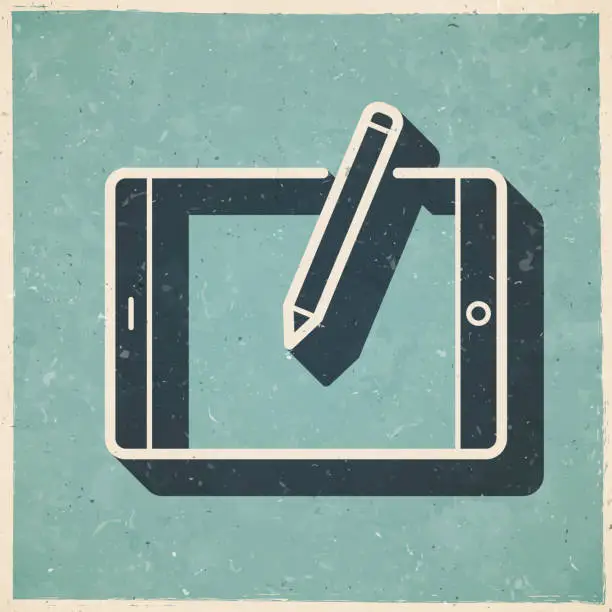 Vector illustration of Tablet PC with pen - Horizontal position. Icon in retro vintage style - Old textured paper