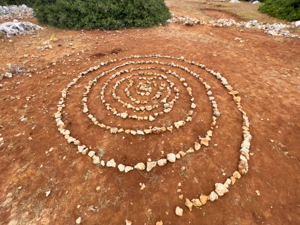 Symbolic Road Signs of Lycian Way. A small maze made simply from rocks. These are symbolic direction markers made by hikers. This monumental signs can be seen between Kaş and Demre on Lycian Way. Captured with Iphone 13 pro max. spiral rock stock pictures, royalty-free photos & images