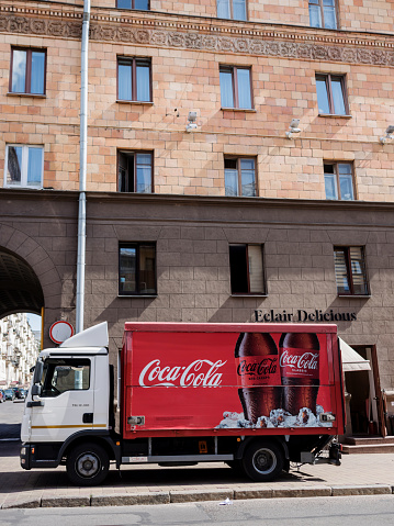 Minsk, Belarus, July 2023 -  Coca Cola truck in parking lot. coca-cola - american corporation