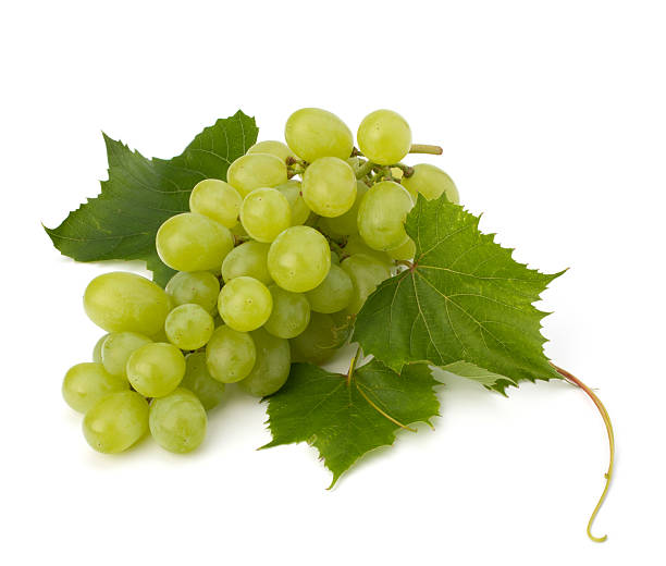 istock Ripe green grapes with leaf against white background 155768492