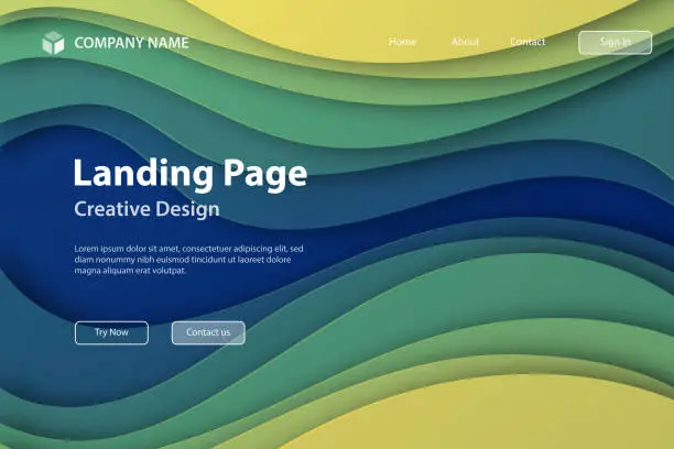 Vector illustration of Landing page Template - Green abstract wave shapes - Trendy 3D design