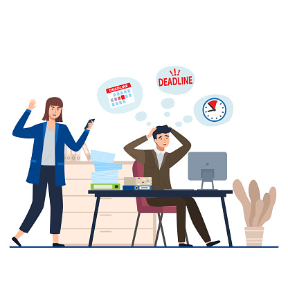 Chasing Deadlines Office Deadline Stressed Employees Working Overtime And Angry Boss ...