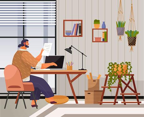 Home office. Interior vector illustration. Work from home. Well designed home office for remote work Home office provides a dedicated workspace within the comfort of home Office area is thoughtfully