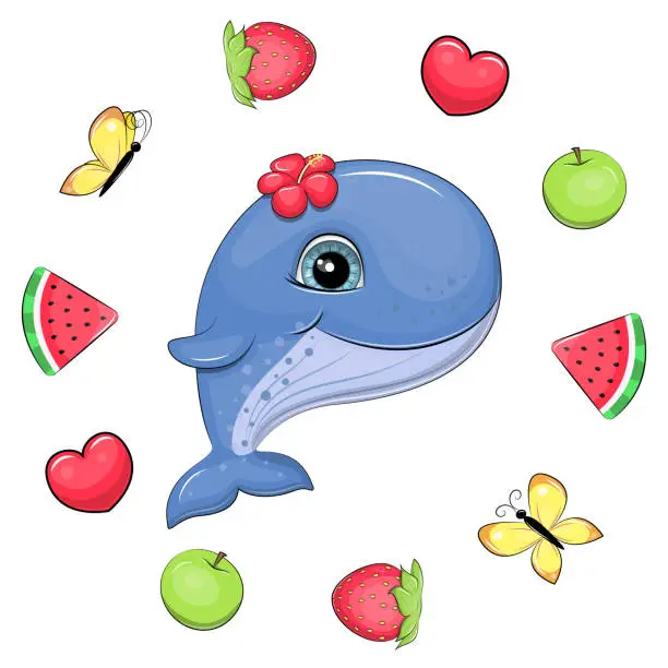 Vector illustration of Cute cartoon blue whale in a fruit frame.