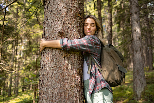 Young carefree woman enjoying while hugging a tree in the forest.
