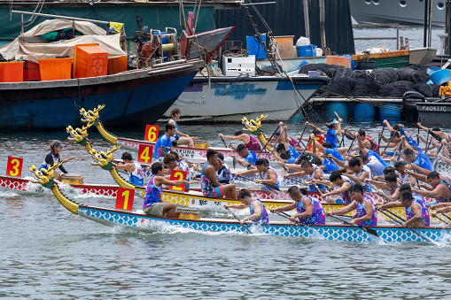 2023 July 1,Hong Kong. Competitive racing in the Dragon Boat Festival in Lamma island .Dragon Boat festival, Dragon boat racing is a popular water sport in Hong Kong.