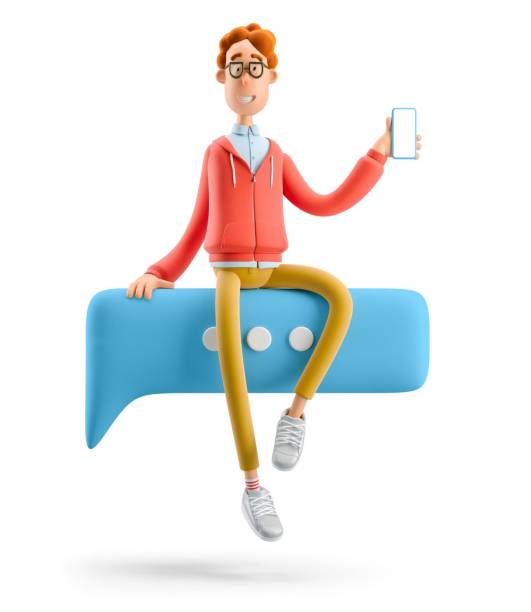 istock Social media concept. Nerd Larry sits on a bubble talk. 3d illustration. 1557727802