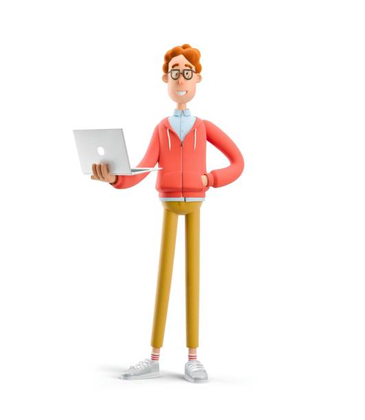 istock Nerd Larry stand with laptop. 3d illustration. 1557727833