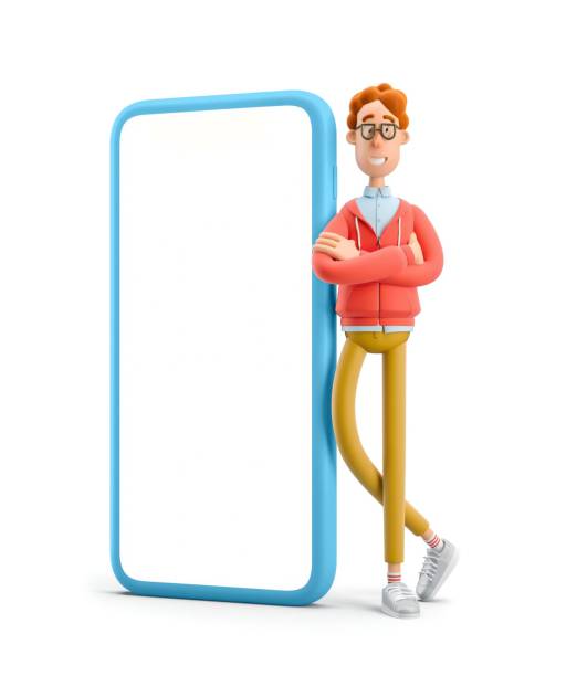istock Larry the nerd. Nerd Larry standing next to a large phone. 3d illustration. 1557728346
